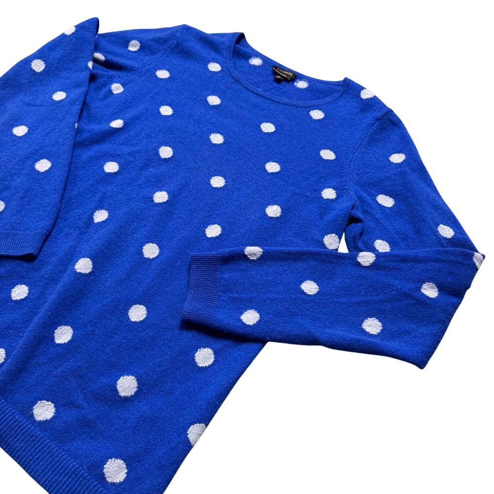 Talbots Womens Cashmere Sweater M Blue White Polka Dot Crew Neck Knit Pullover